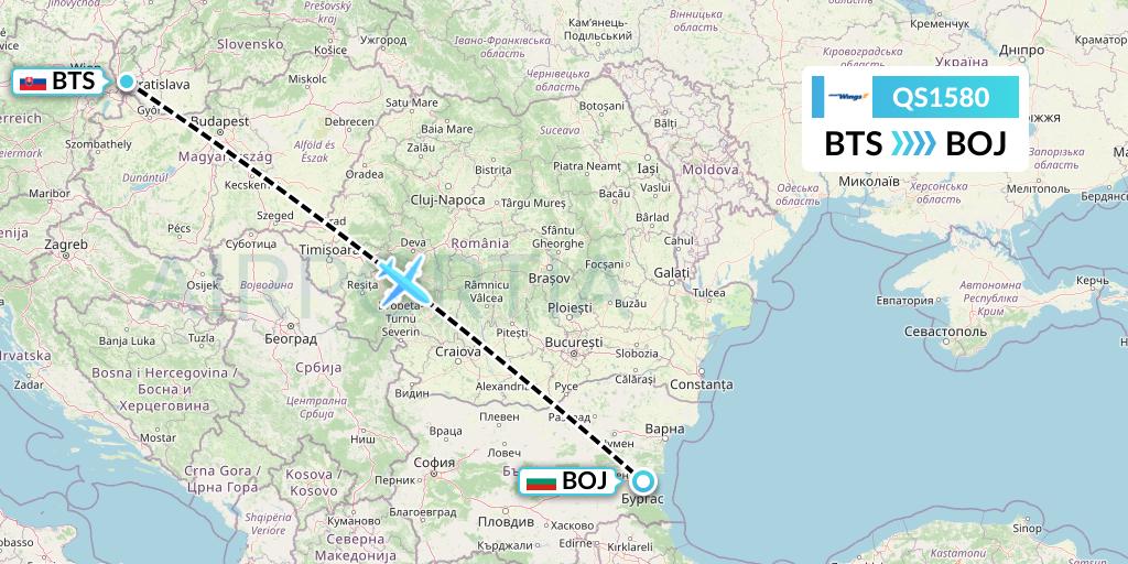 QS1580 Smartwings Flight Map: Bratislava to Burgas