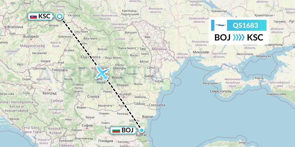 QS1683 Smartwings Flight Map: Burgas to Kosice