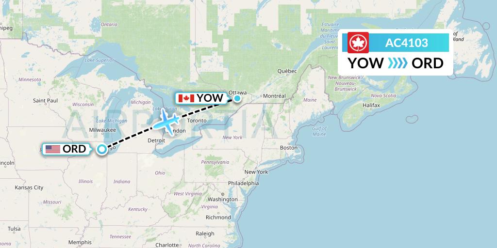 AC4103 Air Canada Flight Map: Ottawa to Chicago