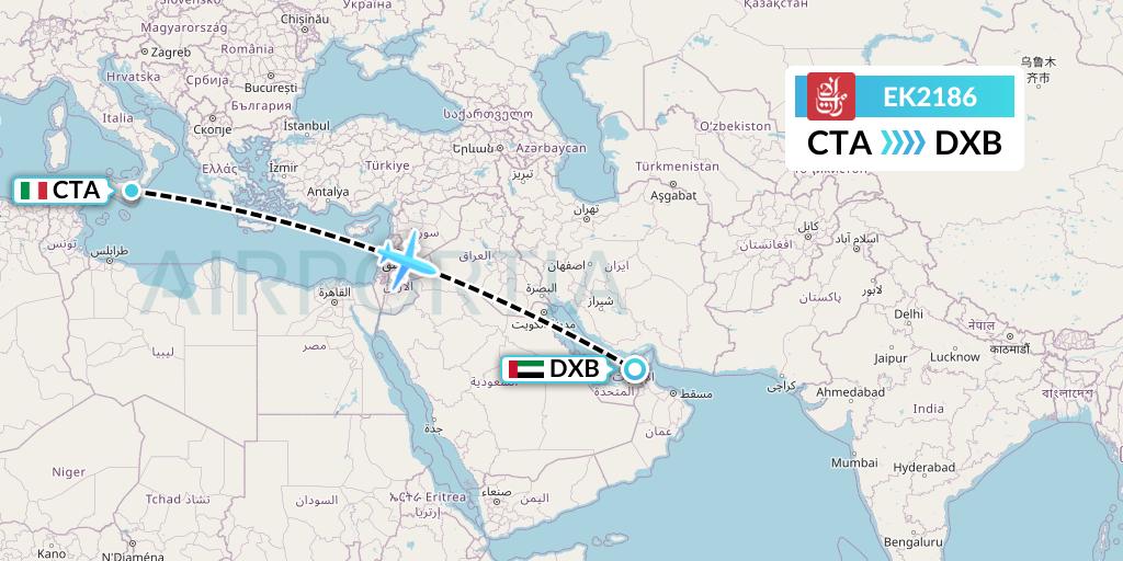 EK2186 Emirates Flight Map: Catania to Dubai