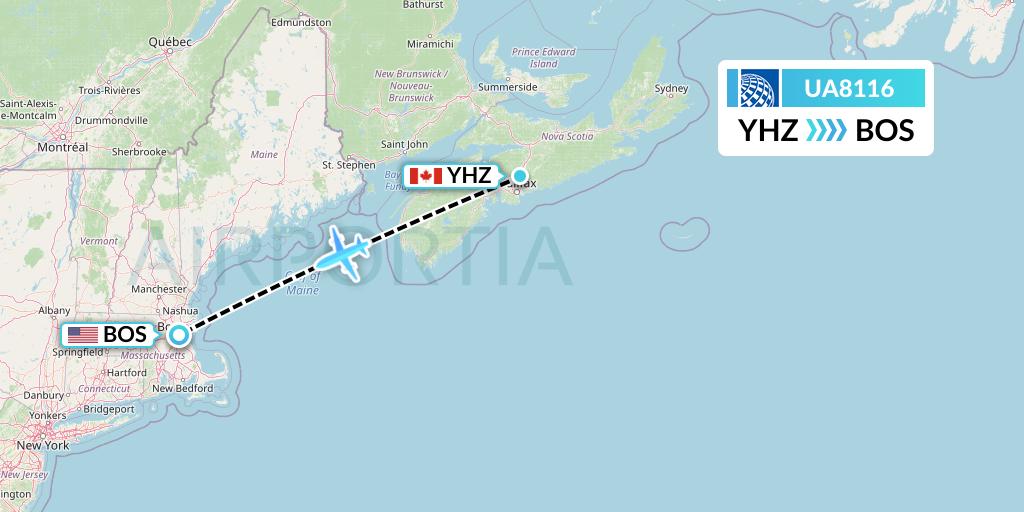 UA8116 United Airlines Flight Map: Halifax to Boston
