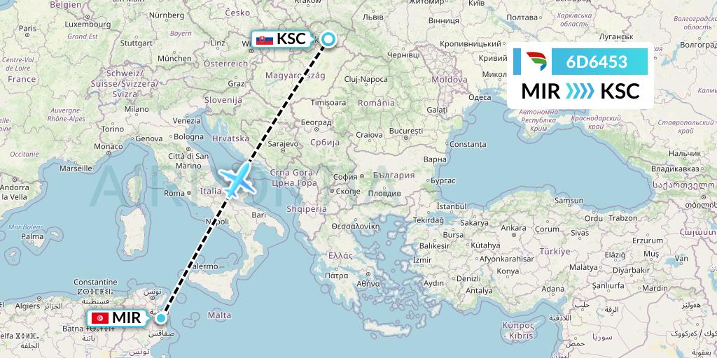 6D6453 Travel Service Slovakia Flight Map: Monastir to Kosice