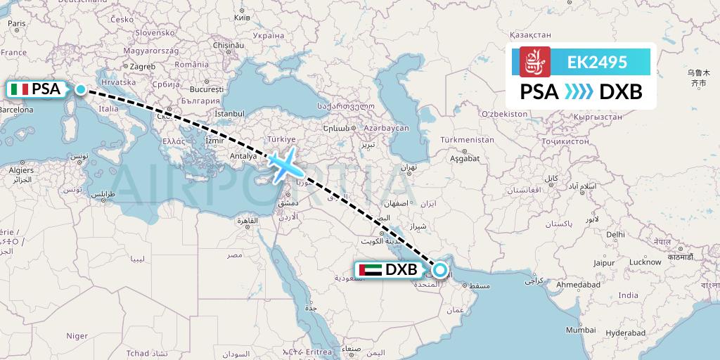 EK2495 Emirates Flight Map: Pisa to Dubai