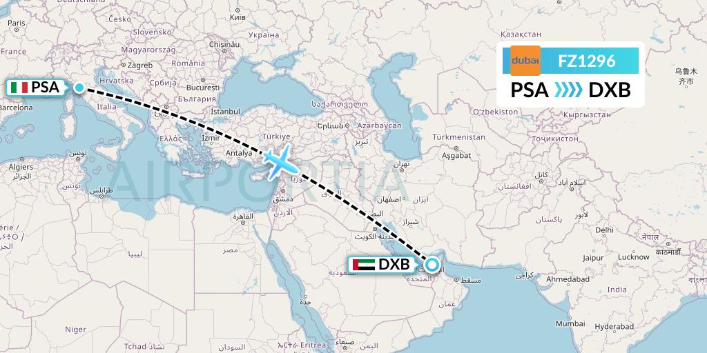 FZ1296 FlyDubai Flight Map: Pisa to Dubai