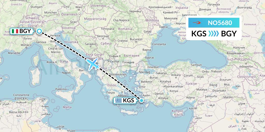 NO5680 Neos Flight Map: Kos to Milan