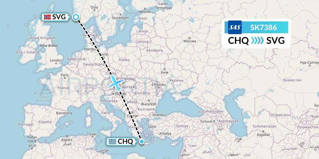 SK7386 SAS Flight Map: Chania to Stavanger