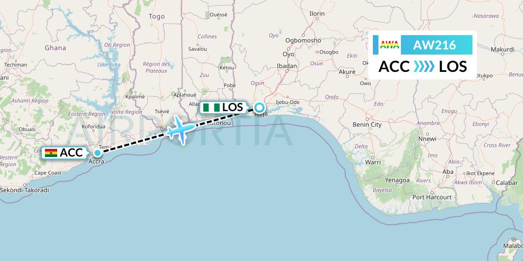 AW216 Africa World Airlines Flight Map: Accra to Lagos