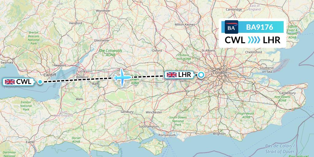 BA9176 British Airways Flight Map: Cardiff to London
