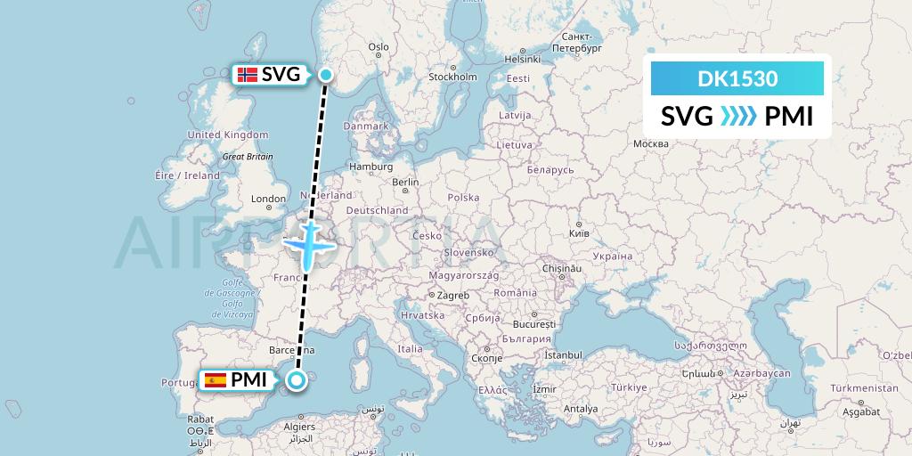 DK1530 Thomas Cook Airlines Scandinavia Flight Map: Stavanger to Palma de Mallorca