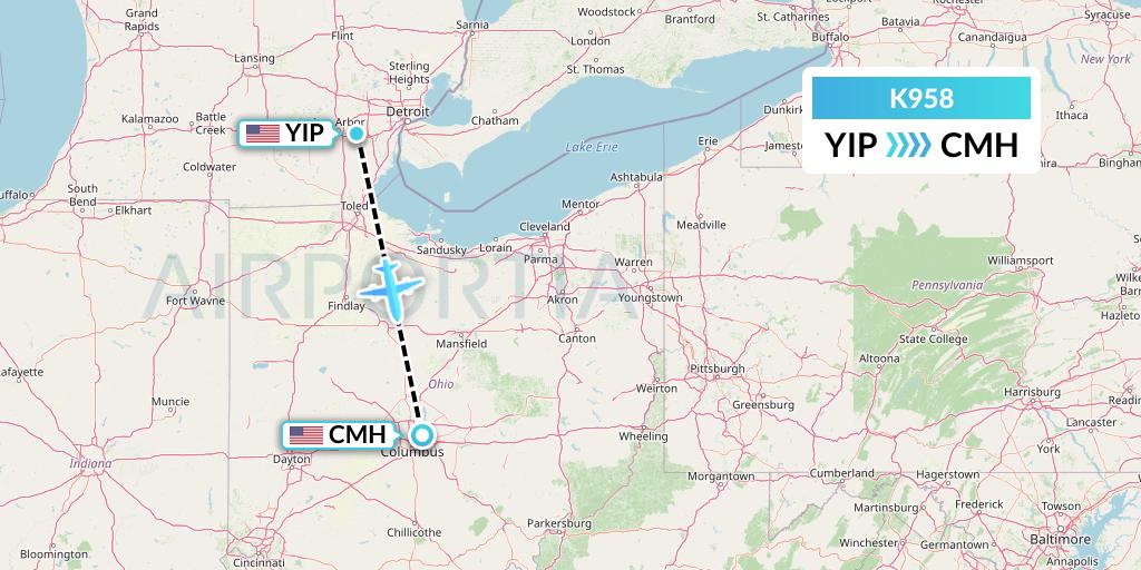 K958 Kalitta Charters Flight Map: Detroit to Columbus