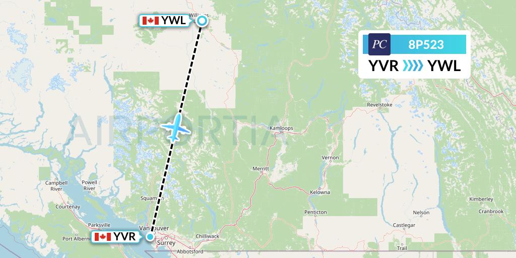 8P523 Pacific Coastal Airlines Flight Map: Vancouver to Williams Lake