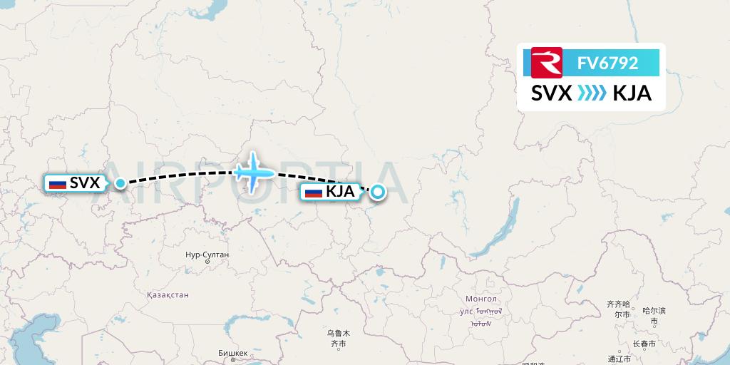 FV6792 Rossiya Flight Map: Yekaterinburg to Krasnoyarsk