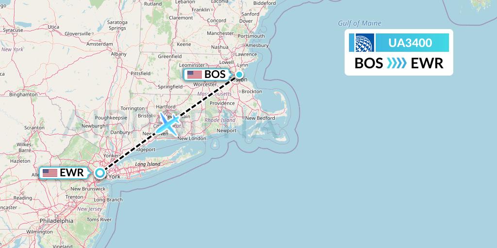 UA3400 United Airlines Flight Map: Boston to New York