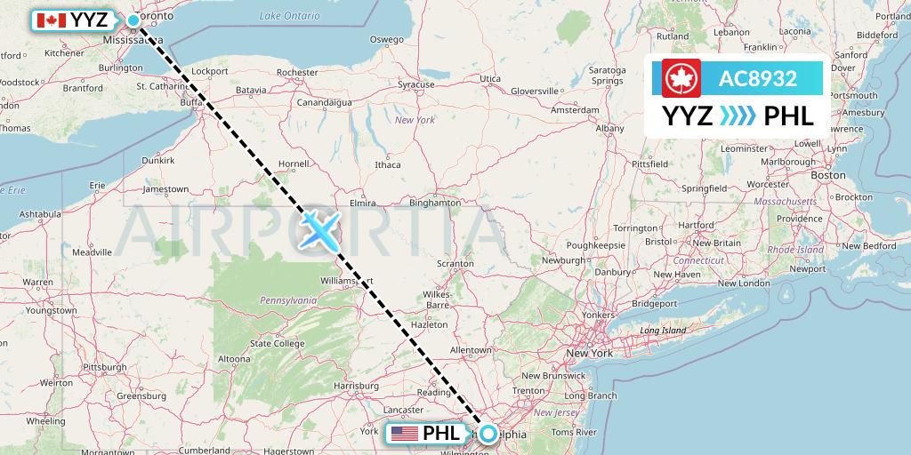 AC8932 Air Canada Flight Map: Toronto to Philadelphia