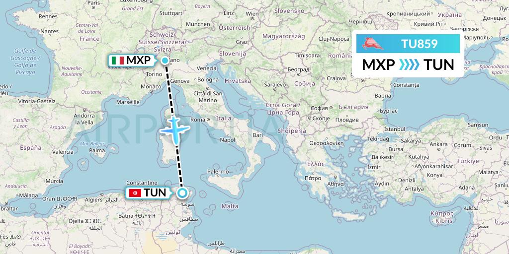 TU859 Tunisair Flight Map: Milan to Tunis