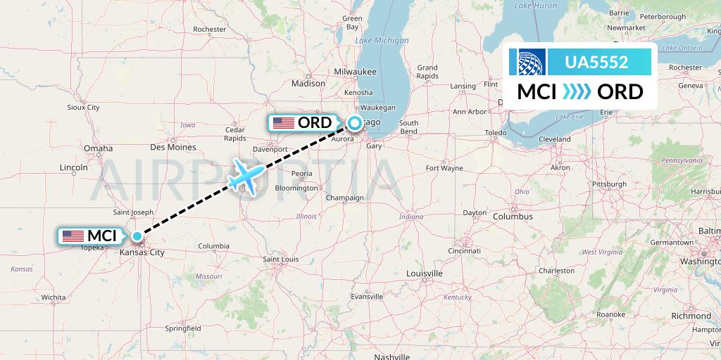 UA5552 United Airlines Flight Map: Kansas City to Chicago