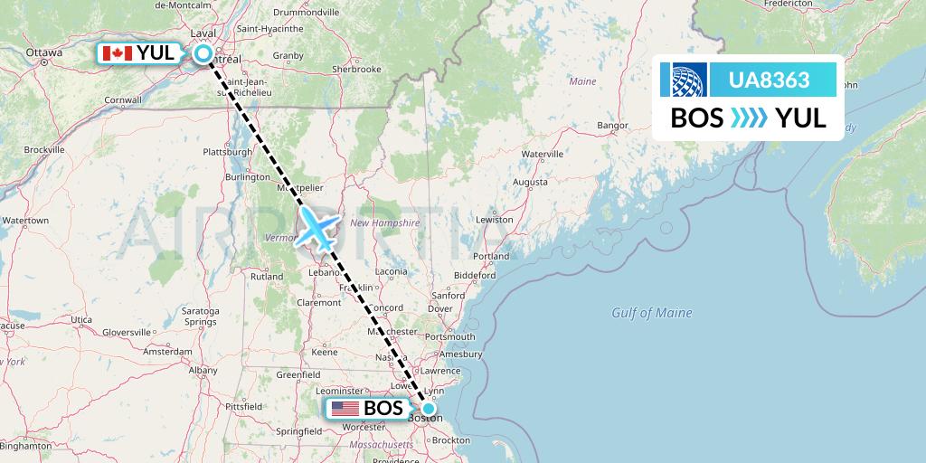 UA8363 United Airlines Flight Map: Boston to Montreal