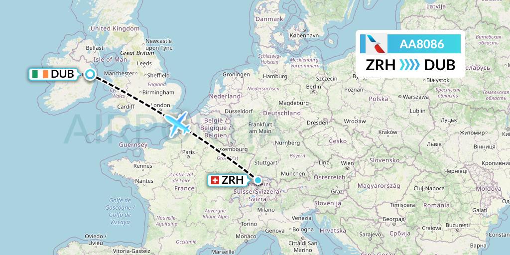 AA8086 American Airlines Flight Map: Zurich to Dublin