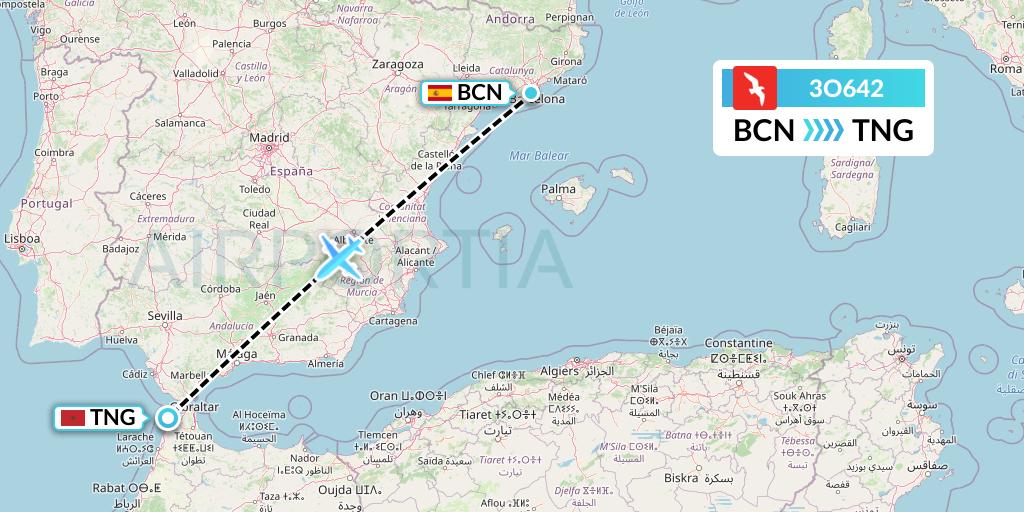 3O642 Air Arabia Maroc Flight Map: Barcelona to Tangier