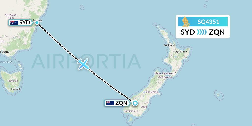 SQ4351 Singapore Airlines Flight Map: Sydney to Queenstown