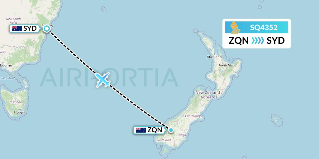 SQ4352 Singapore Airlines Flight Map: Queenstown to Sydney