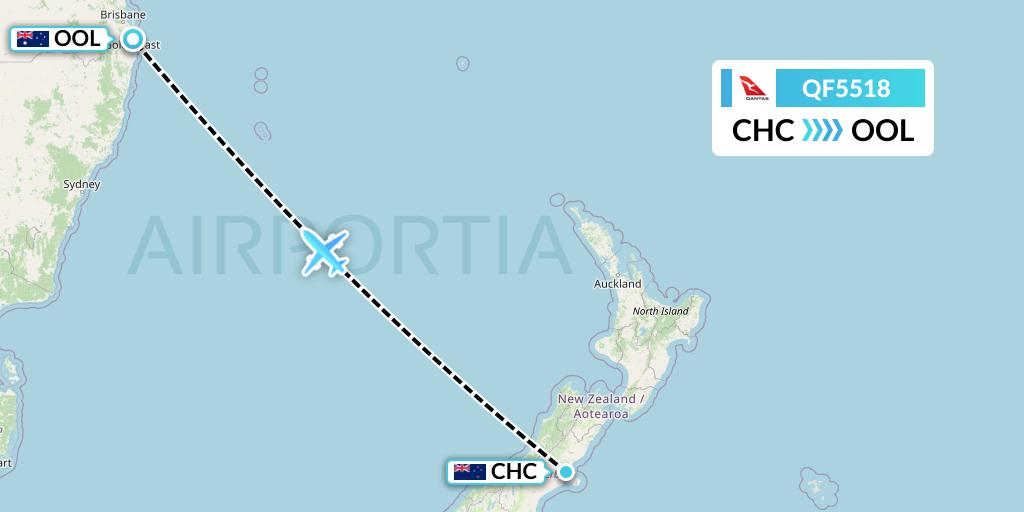 QF5518 Qantas Flight Map: Christchurch to Gold Coast