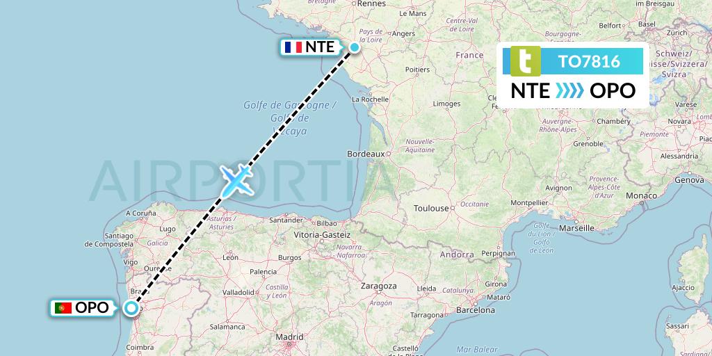 TO7816 Transavia France Flight Map: Nantes to Porto