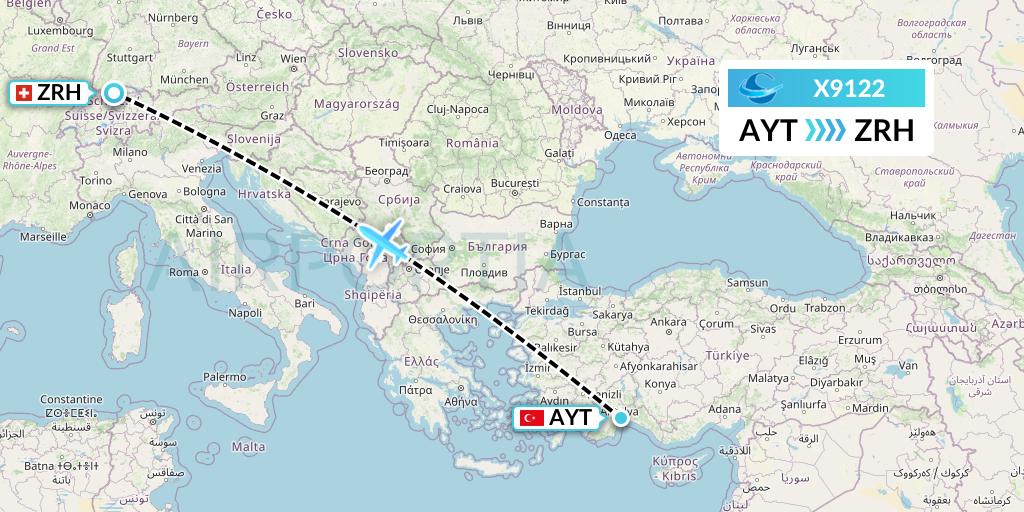 X9122 Avion Express Flight Map: Antalya to Zurich