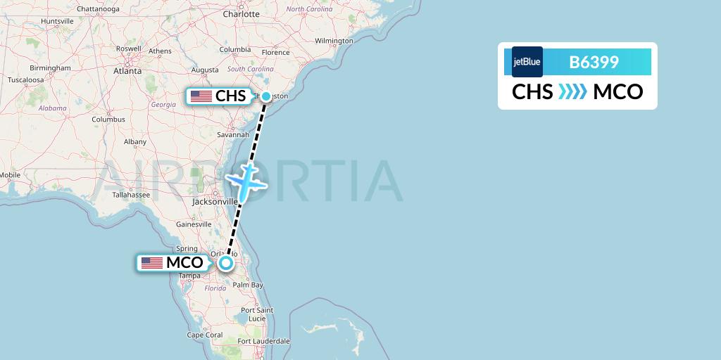 B6399 JetBlue Airways Flight Map: Charleston to Orlando