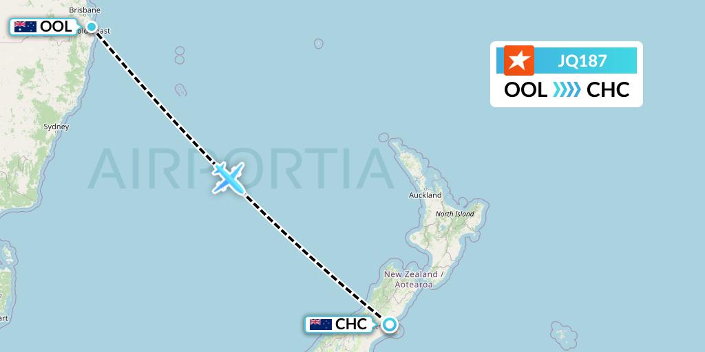 JQ187 Jetstar Airways Flight Map: Gold Coast to Christchurch