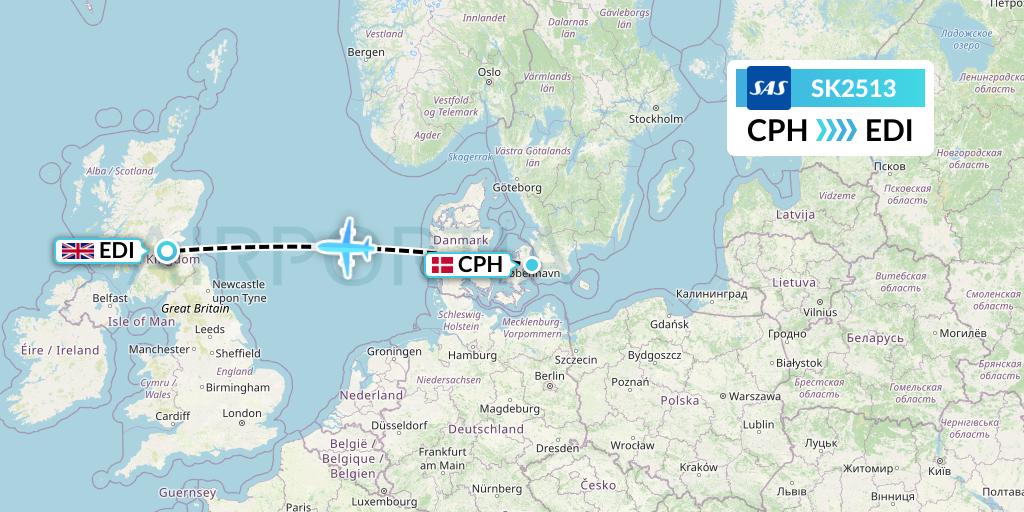 SK2513 SAS Flight Map: Copenhagen to Edinburgh