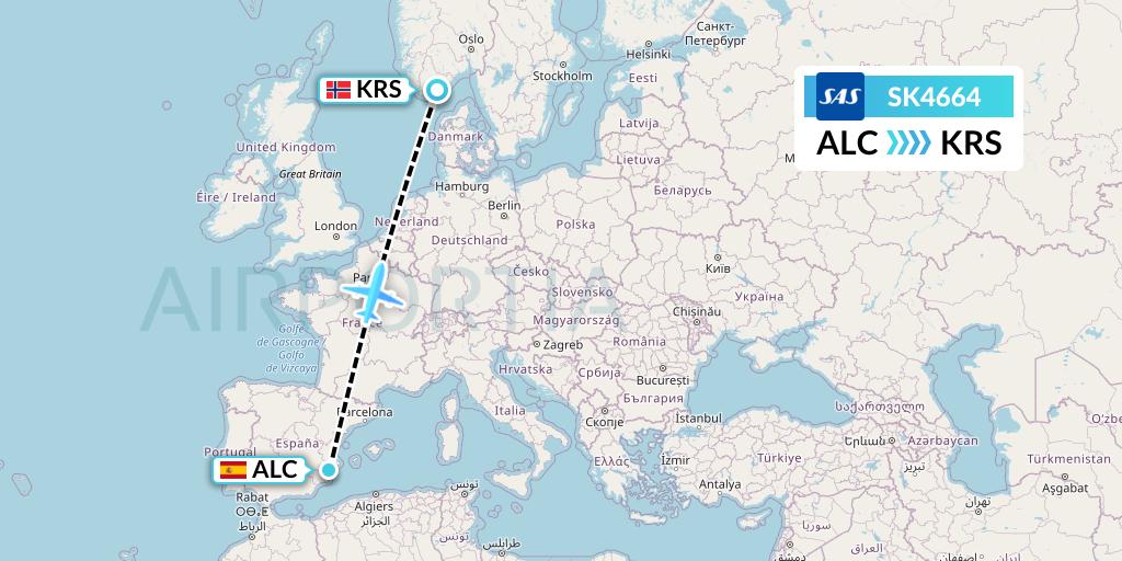 SK4664 SAS Flight Map: Alicante to Kristiansand