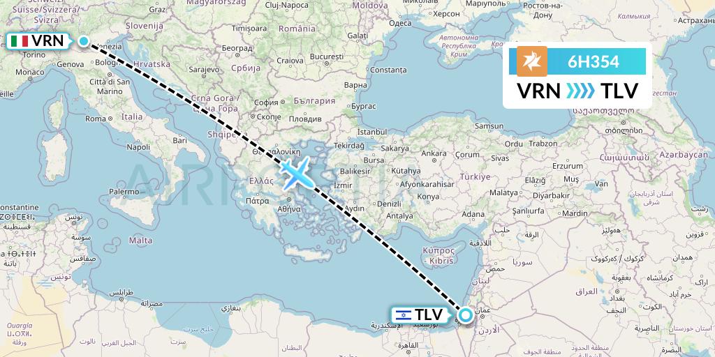 6H354 Israir Airlines Flight Map: Verona to Tel Aviv