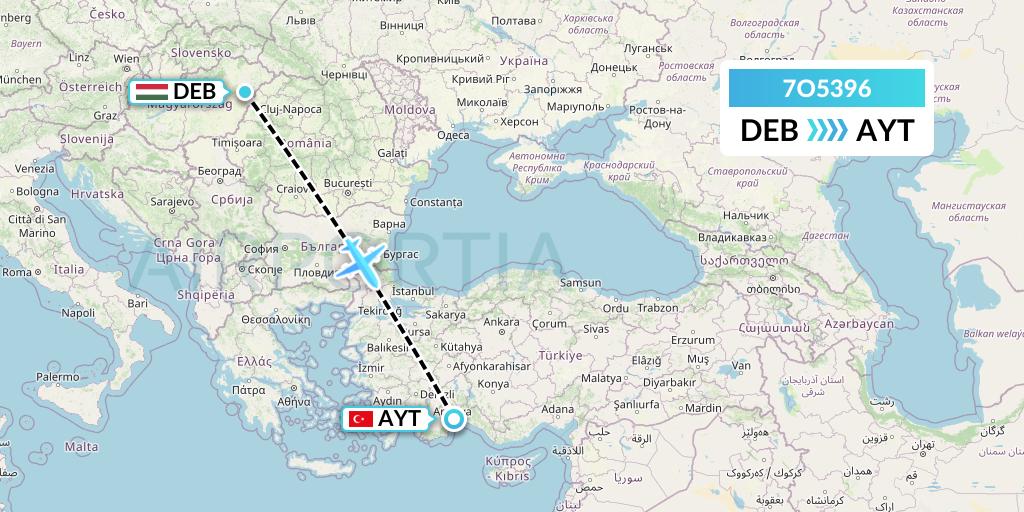 7O5396 Travel Service Hungary Flight Map: Debrecen to Antalya