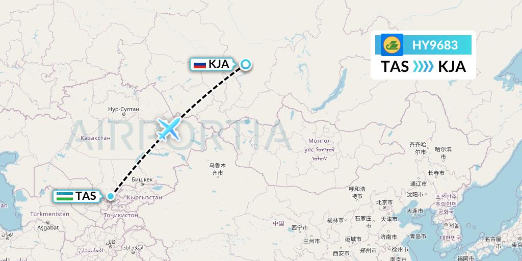 HY9683 Uzbekistan Airways Flight Map: Tashkent to Krasnoyarsk