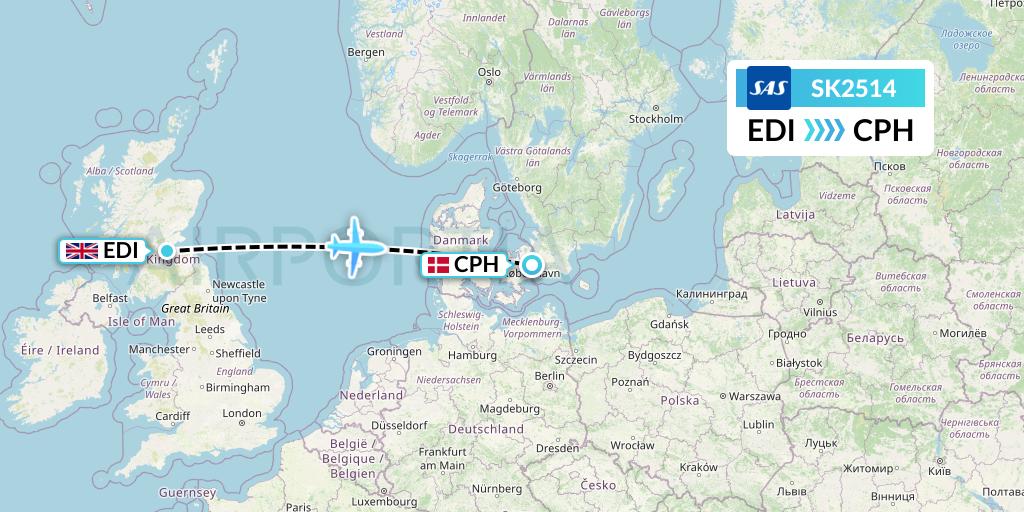 SK2514 SAS Flight Map: Edinburgh to Copenhagen