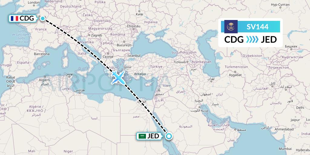 SV144 Saudi Arabian Airlines Flight Map: Paris to Jeddah