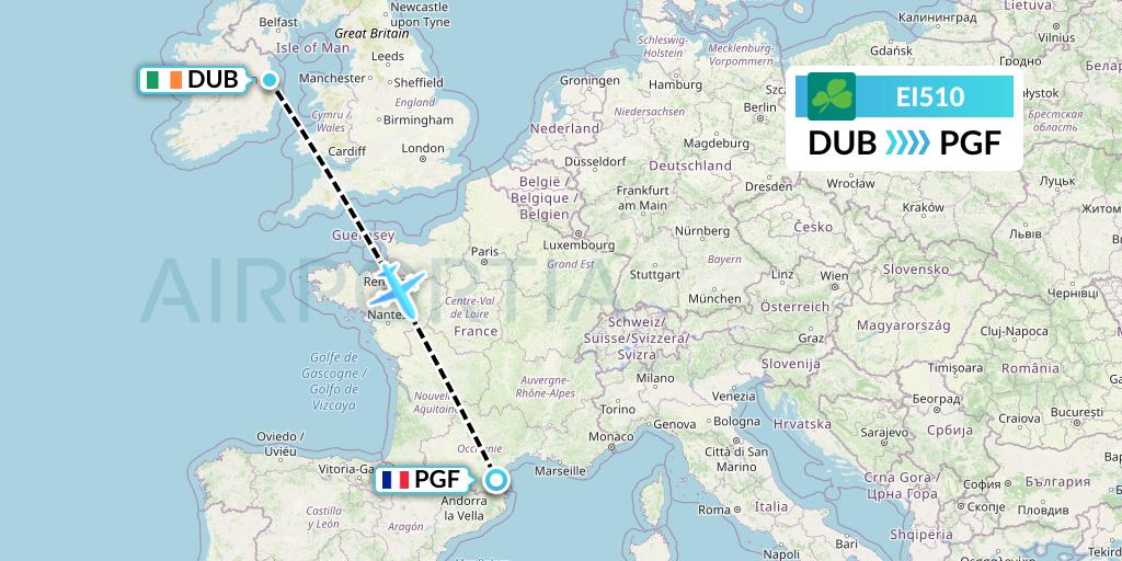 EI510 Aer Lingus Flight Map: Dublin to Perpignan
