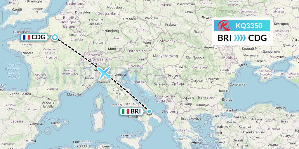 KQ3350 Kenya Airways Flight Map: Bari to Paris