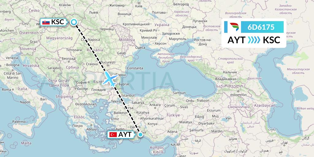 6D6175 Travel Service Slovakia Flight Map: Antalya to Kosice