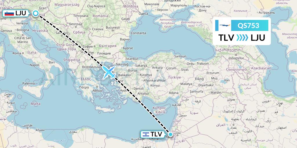 QS753 Smartwings Flight Map: Tel Aviv to Ljubljana