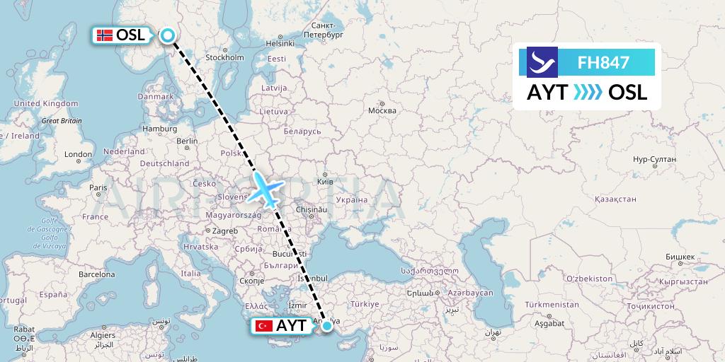 FH847 Freebird Airlines Flight Map: Antalya to Oslo