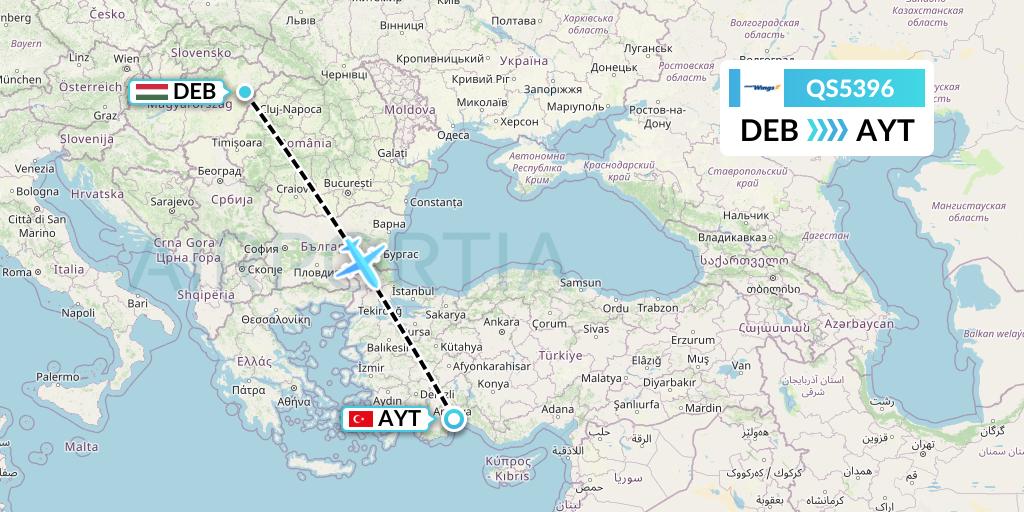 QS5396 Smartwings Flight Map: Debrecen to Antalya