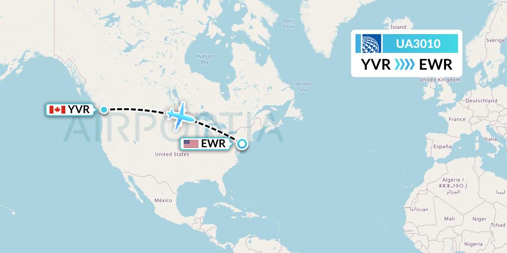 UA3010 United Airlines Flight Map: Vancouver to New York