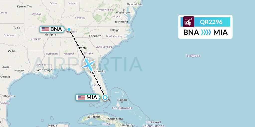 QR2296 Qatar Airways Flight Map: Nashville to Miami
