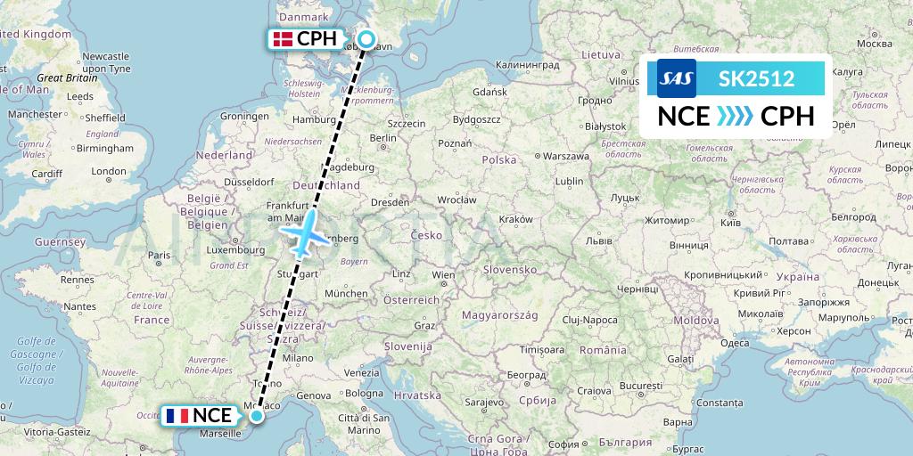 SK2512 SAS Flight Map: Nice to Copenhagen