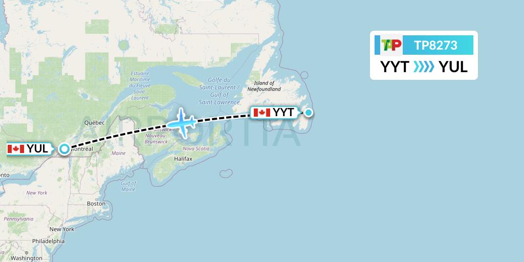 TP8273 TAP Portugal Flight Map: St. John's to Montreal
