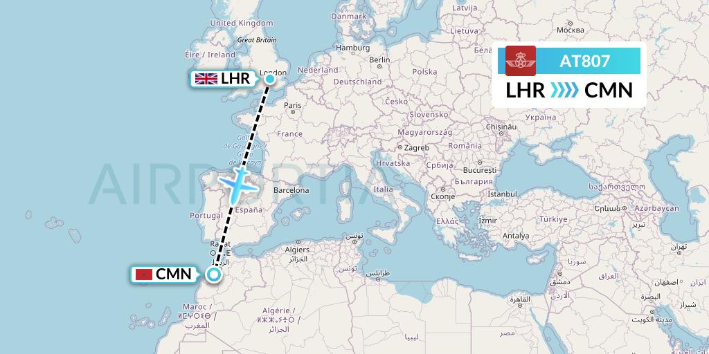 AT807 Royal Air Maroc Flight Map: London to Casablanca