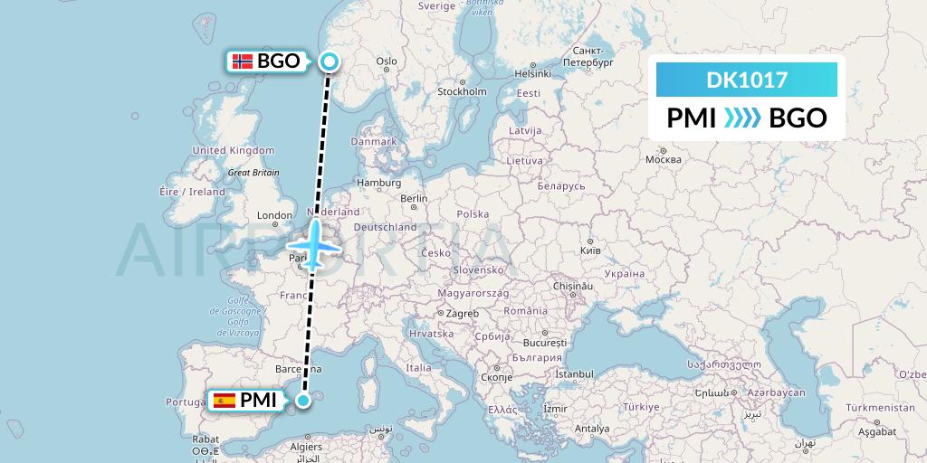DK1017 Thomas Cook Airlines Scandinavia Flight Map: Palma de Mallorca to Bergen