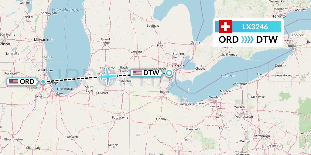 LX3246 Swiss Flight Map: Chicago to Detroit